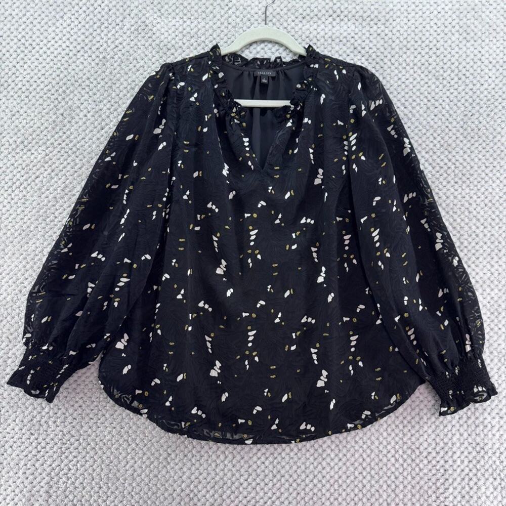 Talbots Top Womens L Black Silver Gold Burn-Out V-Neck Long Sleeve Elastic Cuff